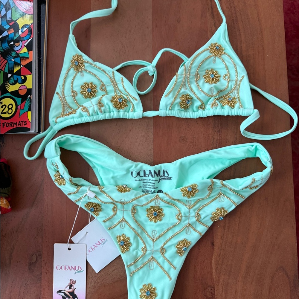 Oceanus Swimwear Embellished Bikini Set – Mint Green (Size M) - Made in Italy